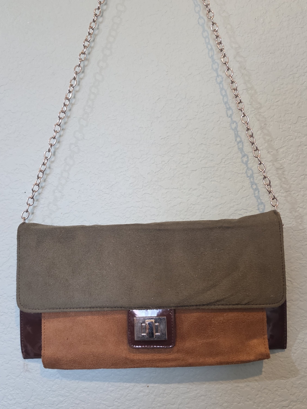 Vtg Faux Suede & Patent Autumn Colorblock Foldover Clutch Crossbody Chain Purse